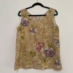 Stunt Vintage Silk Sleeveless Floral Top Large Beige Yellow